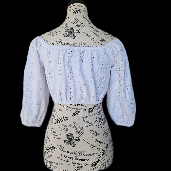 White Eyelet Boatneck Off Shoulder Balloon Sleeve Crop Top - Picture 2 of 5